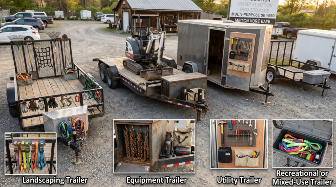 Trailer storage strategy guide showing organization ideas for landscaping trailers, equipment trailers, utility trailers, and recreational or mixed-use trailers